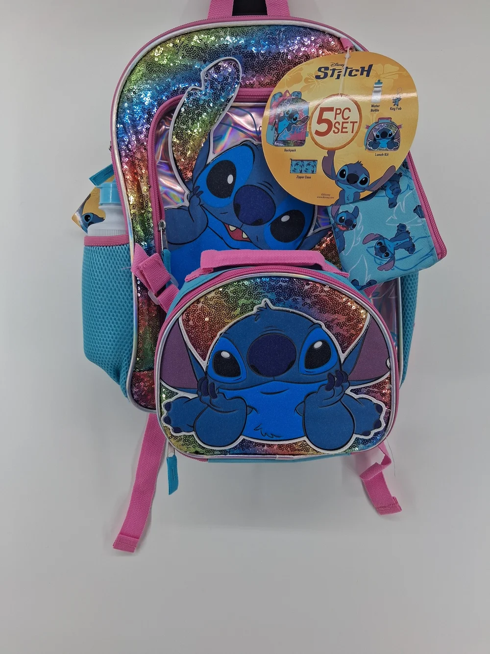 Disney Stitch Kids Backpack Set - Blue, Pink & Multicolor Sequin